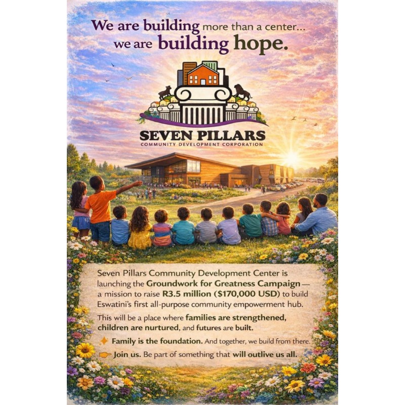 Groundwork for Greatness campaign artwork — children looking toward a sunrise over the future Seven Pillars Community Center