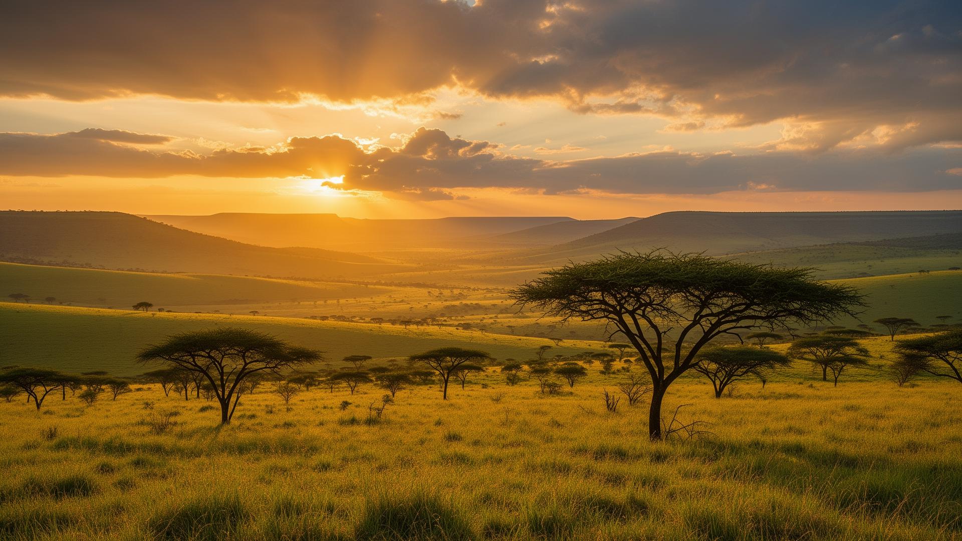 African savanna landscape at golden sunrise